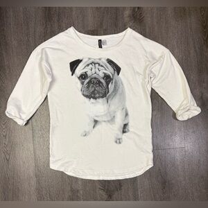 Divided PUG White Sweatshirt Boatneck 3/4 Cuffed Sleeve Medium Jr Women Dog Pet